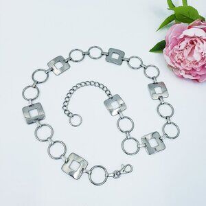 Vtg Y2K Chain Belt Women's Waist 34 Silver Tone Metal Squares & Loops Adjustable